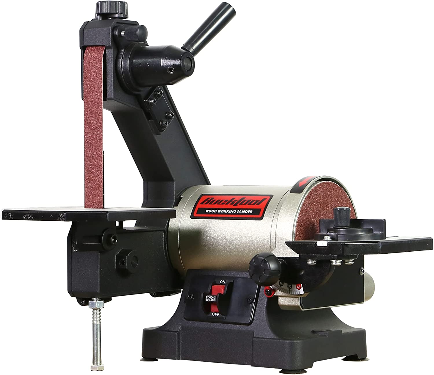 BUCKTOOL 1x30 Inch Bench Belt Sander with 5 Inch Disc with Wrench Storage and Easy Belt Cover Off, 1/3HP Direct Drive