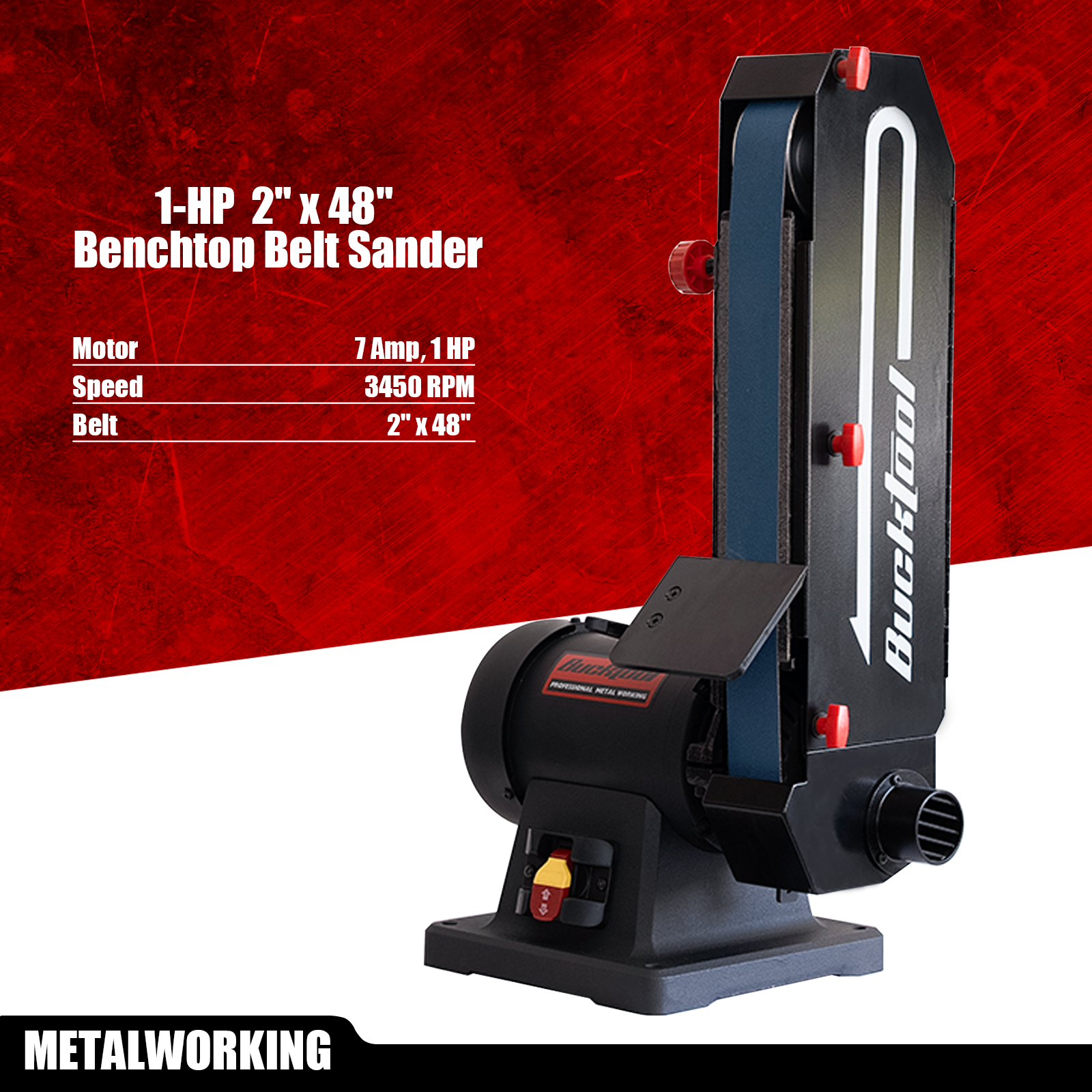 BUCKTOOL 1HP 2×48 Inch 4500 FPM Bench Belt Sander with Iron Base & Platen with Safety Switch CH50BS