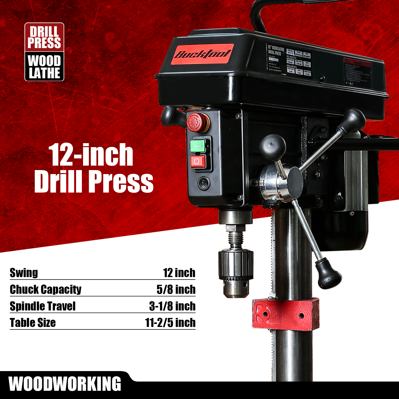 BUCKTOOL Drill Press and Wood Lathe Combo, 3/4HP 12" 6.2Amp 580-3200RPM Variable Speed Benchtop Drill Press and 12"x17" Wood Lathe