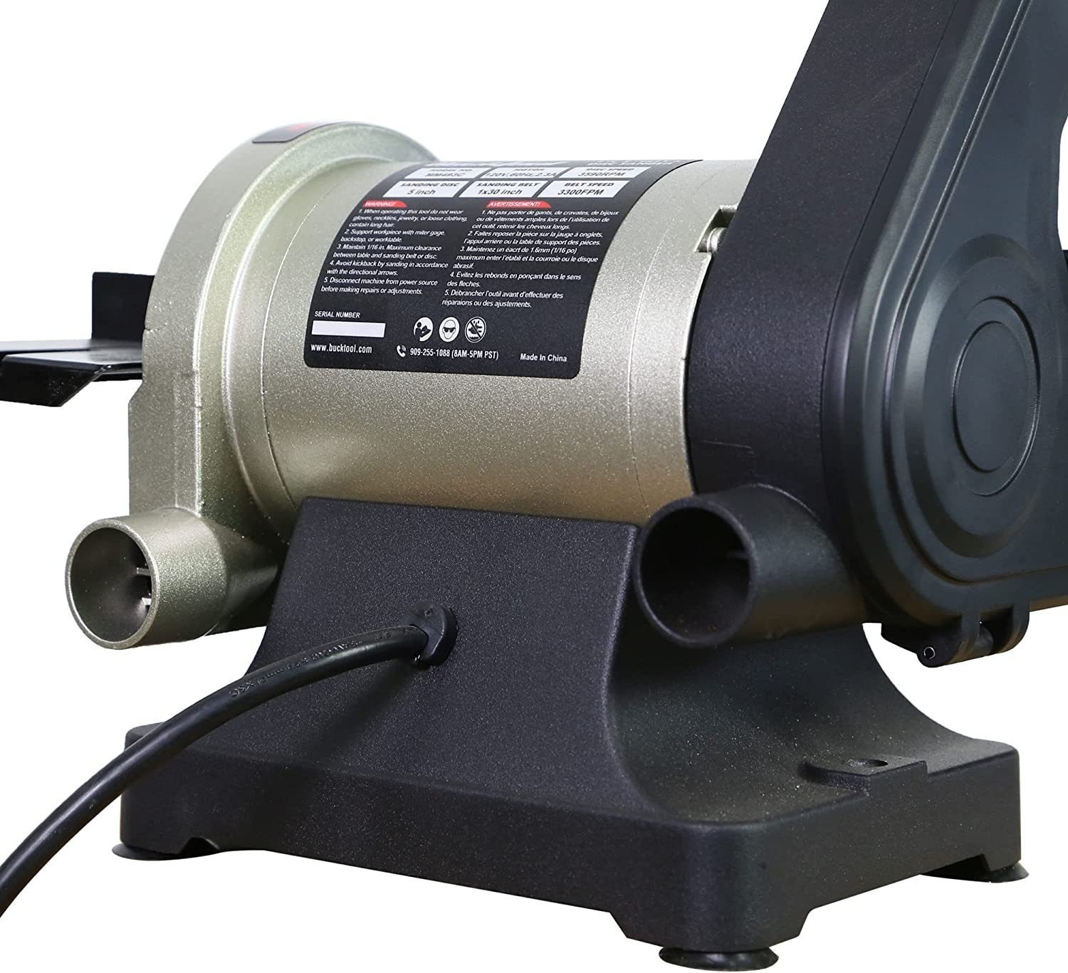 BUCKTOOL 1x30 Inch Bench Belt Sander with 5 Inch Disc with Wrench Storage and Easy Belt Cover Off, 1/3HP Direct Drive