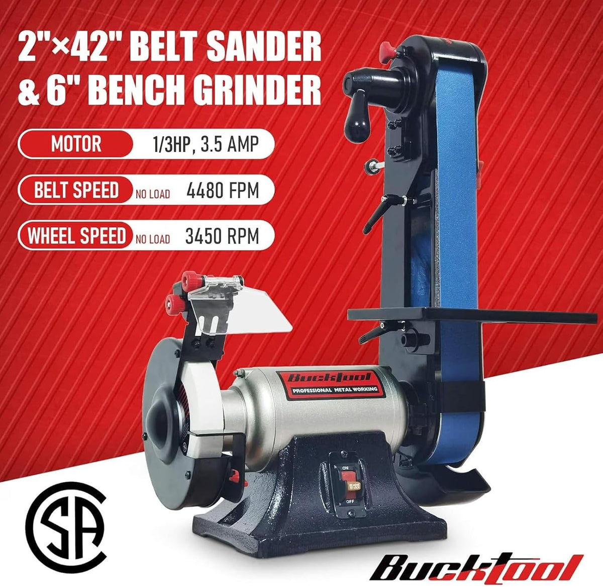 BUCKTOOL Combo Belt Sander and Bench Grinder, 2" x 42" Belt, 6" Grinder, Knife Sharpener with Large Work Table, BG2600