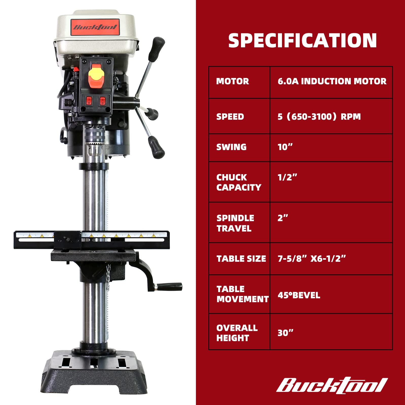 BUCKTOOL 10-Inch Drill Press 6.0 Amp 3/4 HP Bench Drill Press 5-Speed Benchtop Drilling Machine with LED Work Light