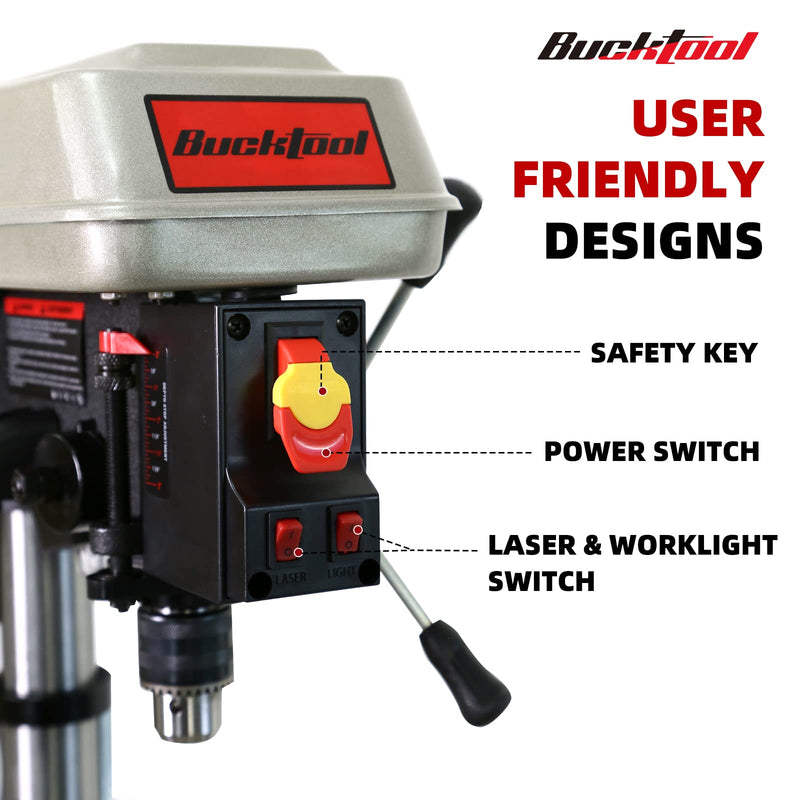 BUCKTOOL 10-Inch Drill Press 6.0 Amp 3/4 HP Bench Drill Press 5-Speed Benchtop Drilling Machine with LED Work Light