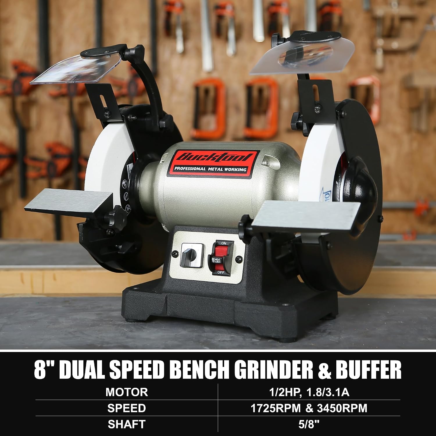 BUCKTOOL Bench Grinder and Buffer, 8-Inch Dual-Speed Professional Grinder with Low/High Speeds and Cast Iron Base, TDS-200DS
