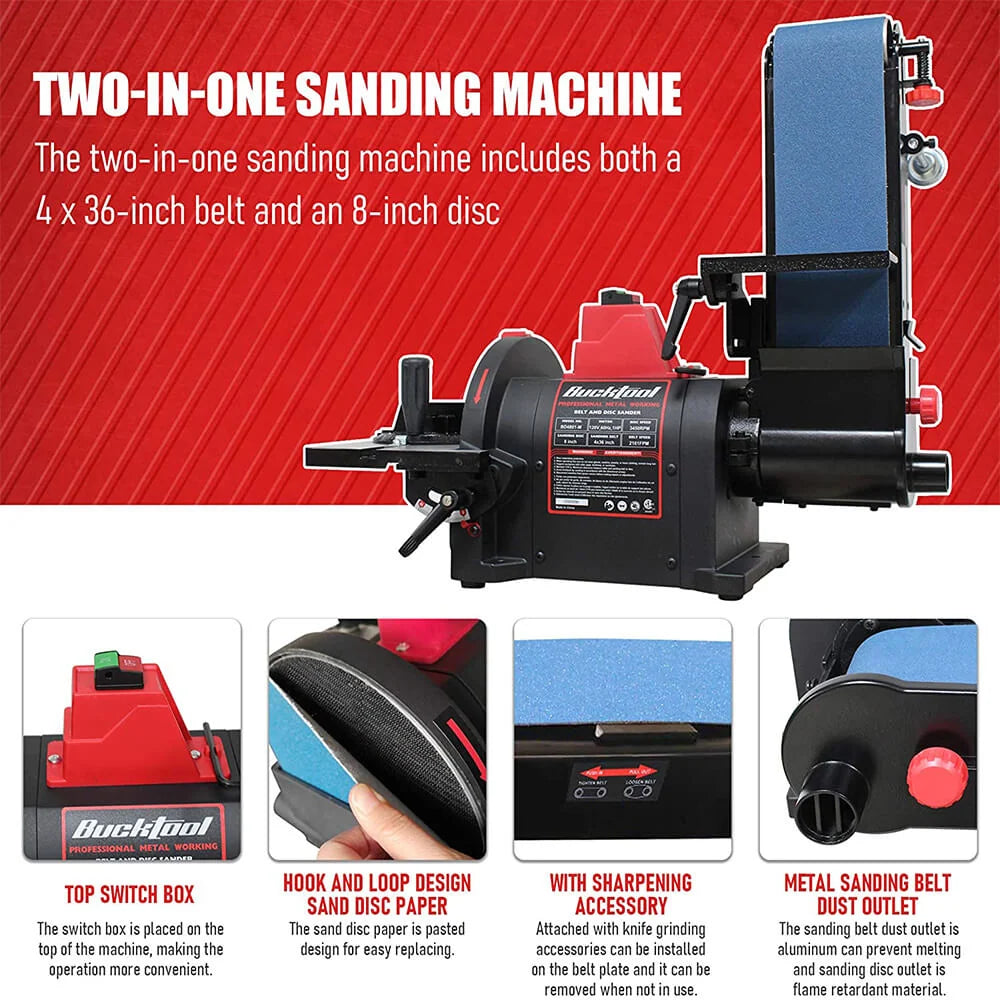 BUCKTOOL Professional Bench Belt Sander 1HP Direct Drive Motor 4x36 inch Belt and 8 inch Disc for Metal Sanding, BD4801-M