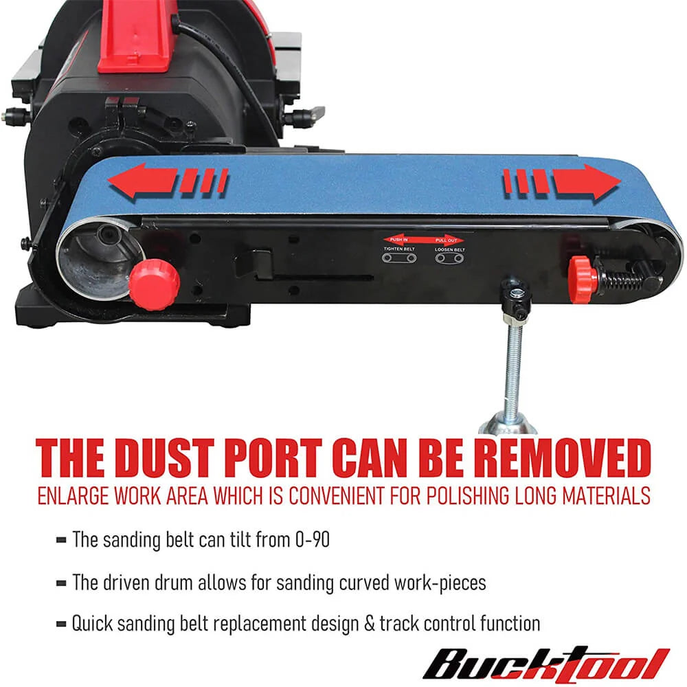 BUCKTOOL Professional Bench Belt Sander 1HP Direct Drive Motor 4x36 inch Belt and 8 inch Disc for Metal Sanding, BD4801-M