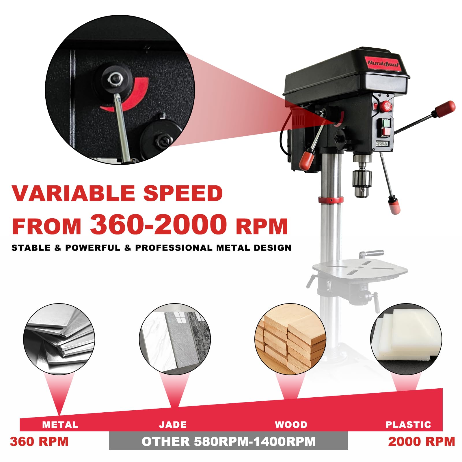 BUCKTOOL 12'' Low Speed Drill Press | 3/4HP 6-Pole Motor (360–2000 RPM) | Precision Tabletop Drill with Laser Guide & LED Worklight | Ideal for Metal & Wood , DP12VL-2