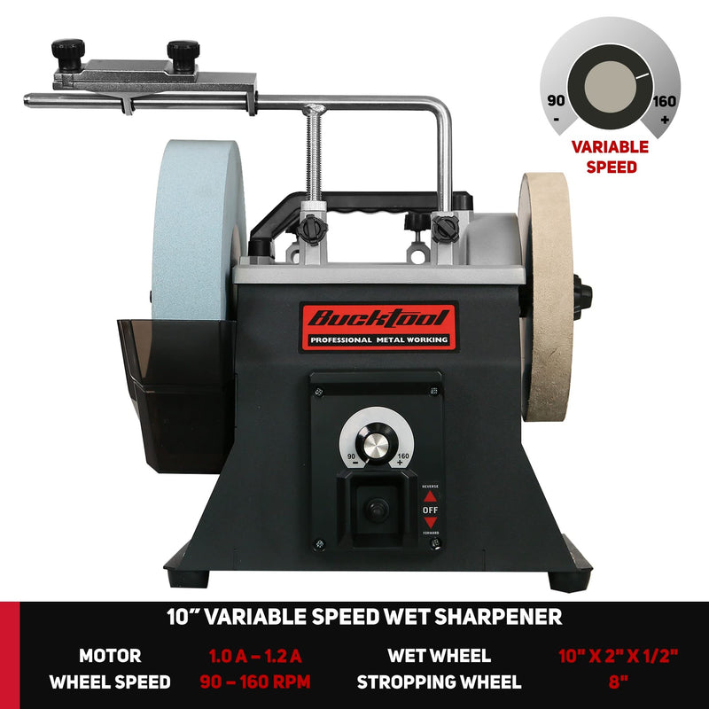 BUCKTOOL 10-Inch Variable Speed Sharpening System 1.2-Amp Two-Direction Water Cooled Wet Stone Grinder 90-160RPM, SCM8103