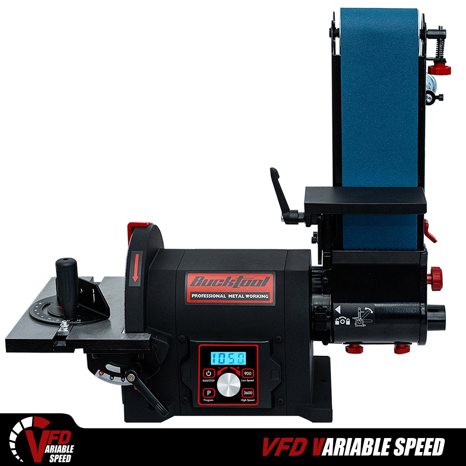 BUCKTOOL 1HP VFD Belt Disc Sander, 4x36 Inch Belt and 8 Inch Disc, 900-3600 RPM Variable Speed Benchtop Sander Combo BD4802IV