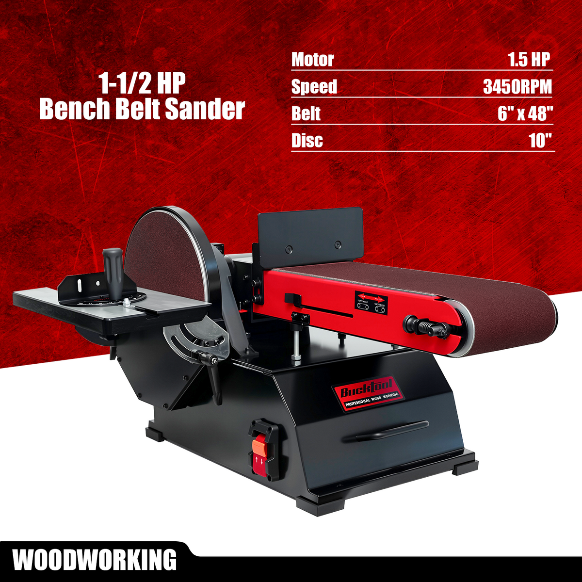BUCKTOOL 1-1/2 HP Bench Belt Sander for Wood Working 6 in & 48 in Belt and 10 in Disc