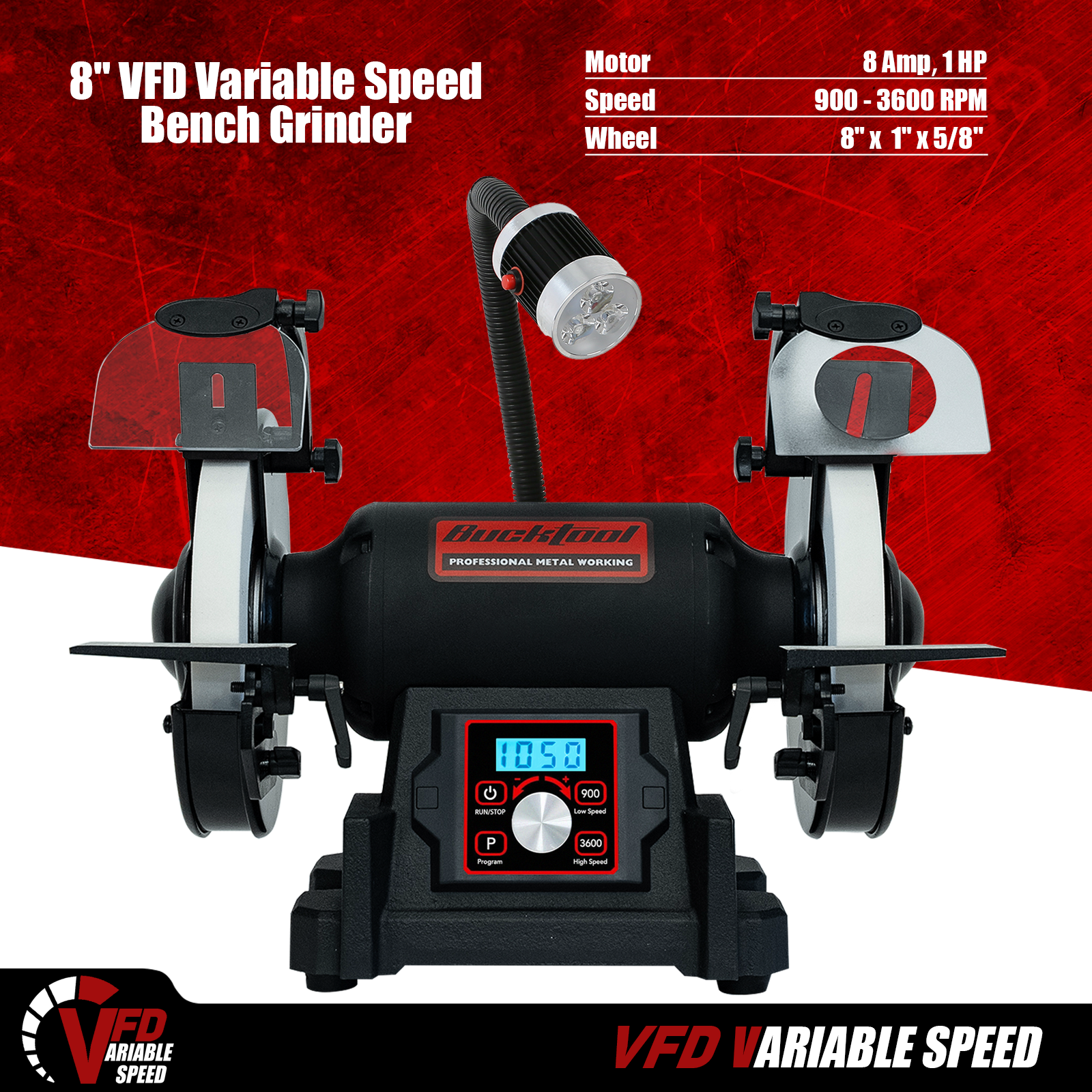 Bucktool 8" VFD 1HP Power Variable Speed Wobble-free Bench Grinder for Knife, Metalworking ‎TDS-I200VL