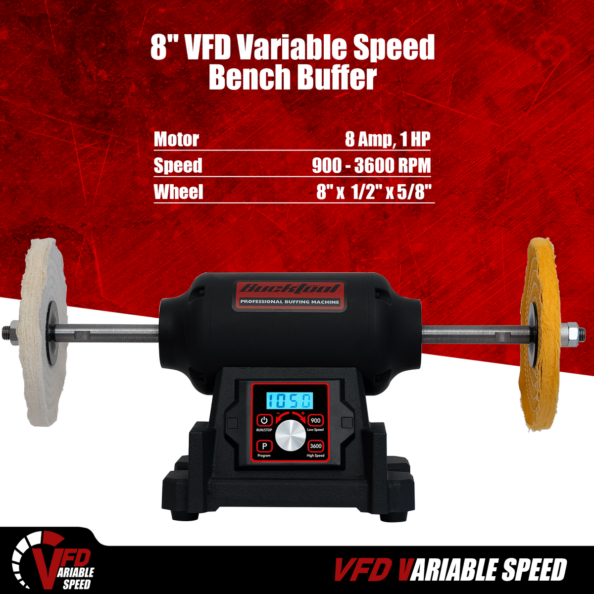 BUCKTOOL 1HP VFD Motor 8-Inch Variable Speed Bench Buffer Polisher TDS