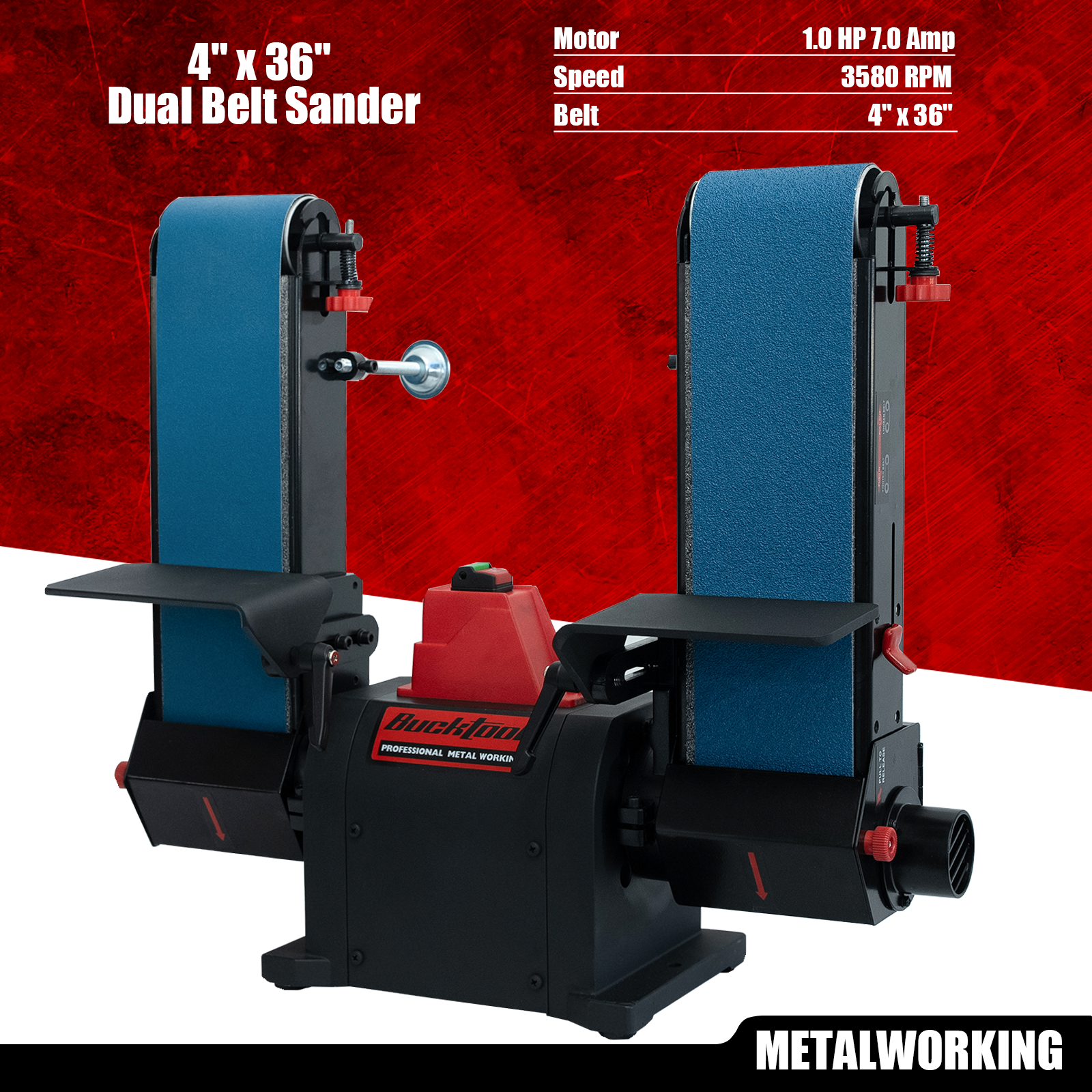 BUCKTOOL 1HP Benchtop Dual-Belt Sander, 4 x 36 in Sanding Belts with 80 & 120 Grits, 2160 FPM BS436D