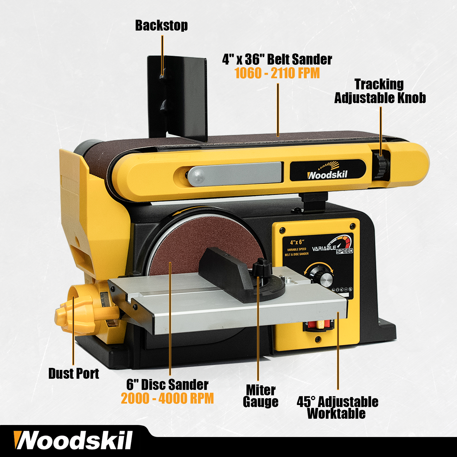 Woodskil Variable Speed, 3-Amp Belt & Disc Sander Combo, 4x36 in. Belt & 6 in. Disc Sander with 3/4HP Motor, Upgraded Model