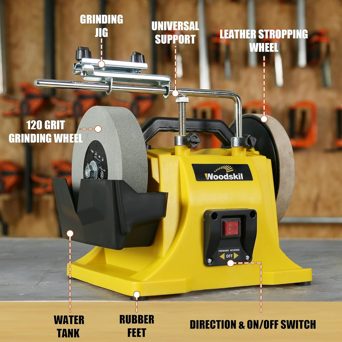 8" Low Speed Wet Sharpening System, 1.1Amp Water Cooled Sharpening Machine with Leather Stropping Wheel, 220 Grit Wheel, 135 RPM Wet Sharpener & Grinder for Knives, Blades, And Chisels