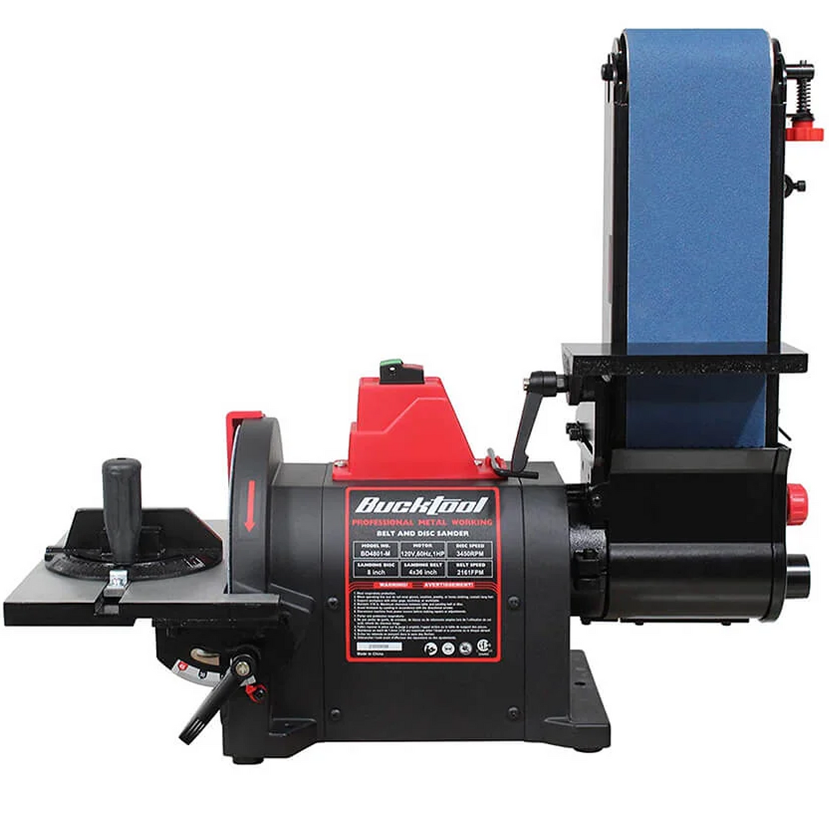 BUCKTOOL Professional Bench Belt Sander 1HP Direct Drive Motor 4x36 inch Belt and 8 inch Disc for Metal Sanding, BD4801-M