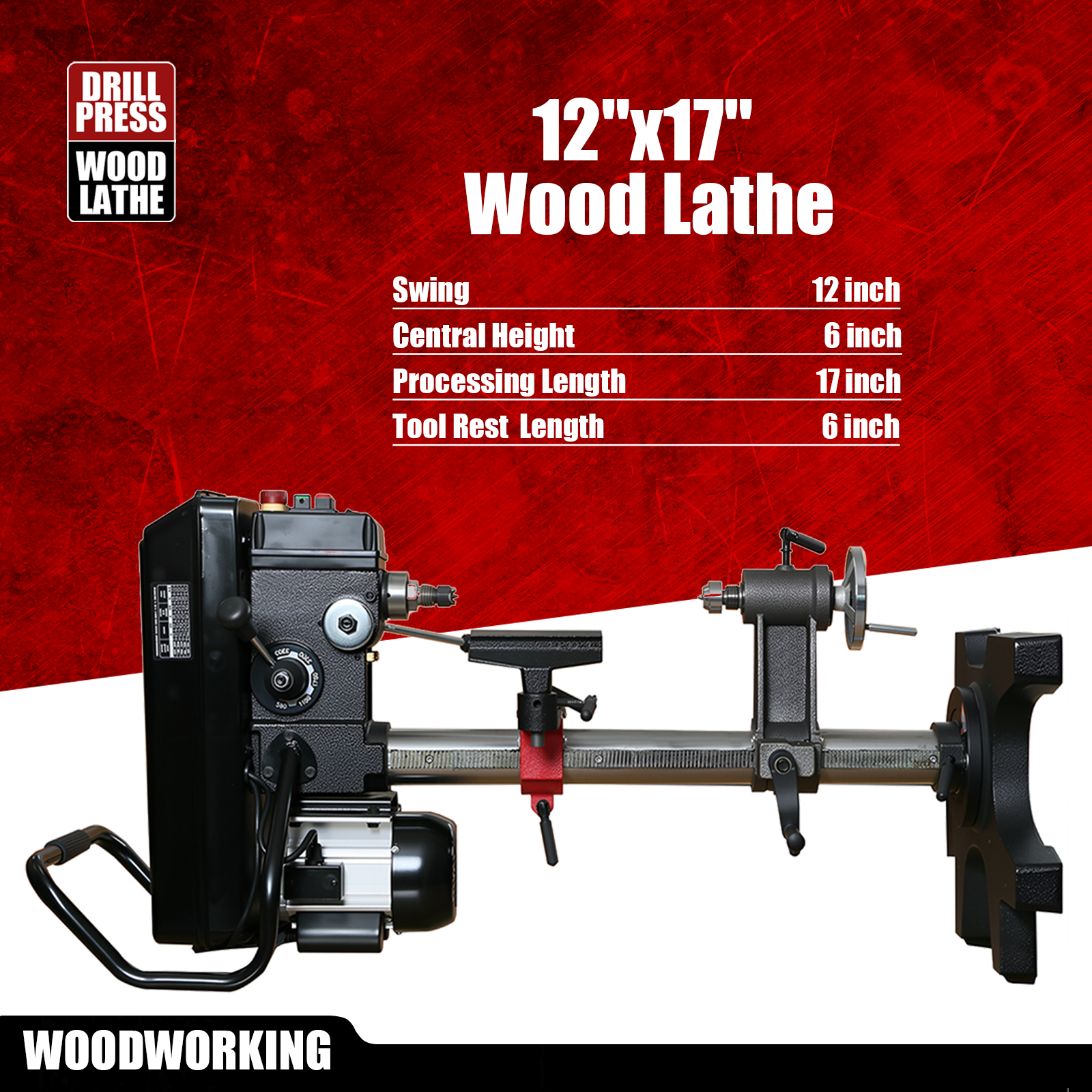 BUCKTOOL Drill Press and Wood Lathe Combo, 3/4HP 12" 6.2Amp 580-3200RPM Variable Speed Benchtop Drill Press and 12"x17" Wood Lathe