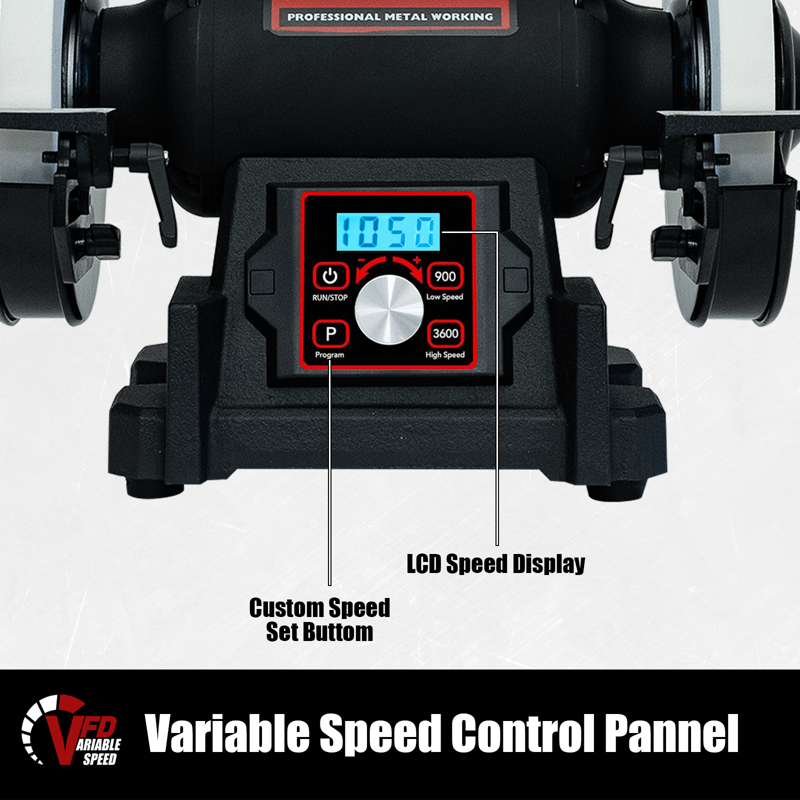 Bucktool 8" VFD 1HP Power Variable Speed Wobble-free Bench Grinder for Knife, Metalworking ‎TDS-I200VL