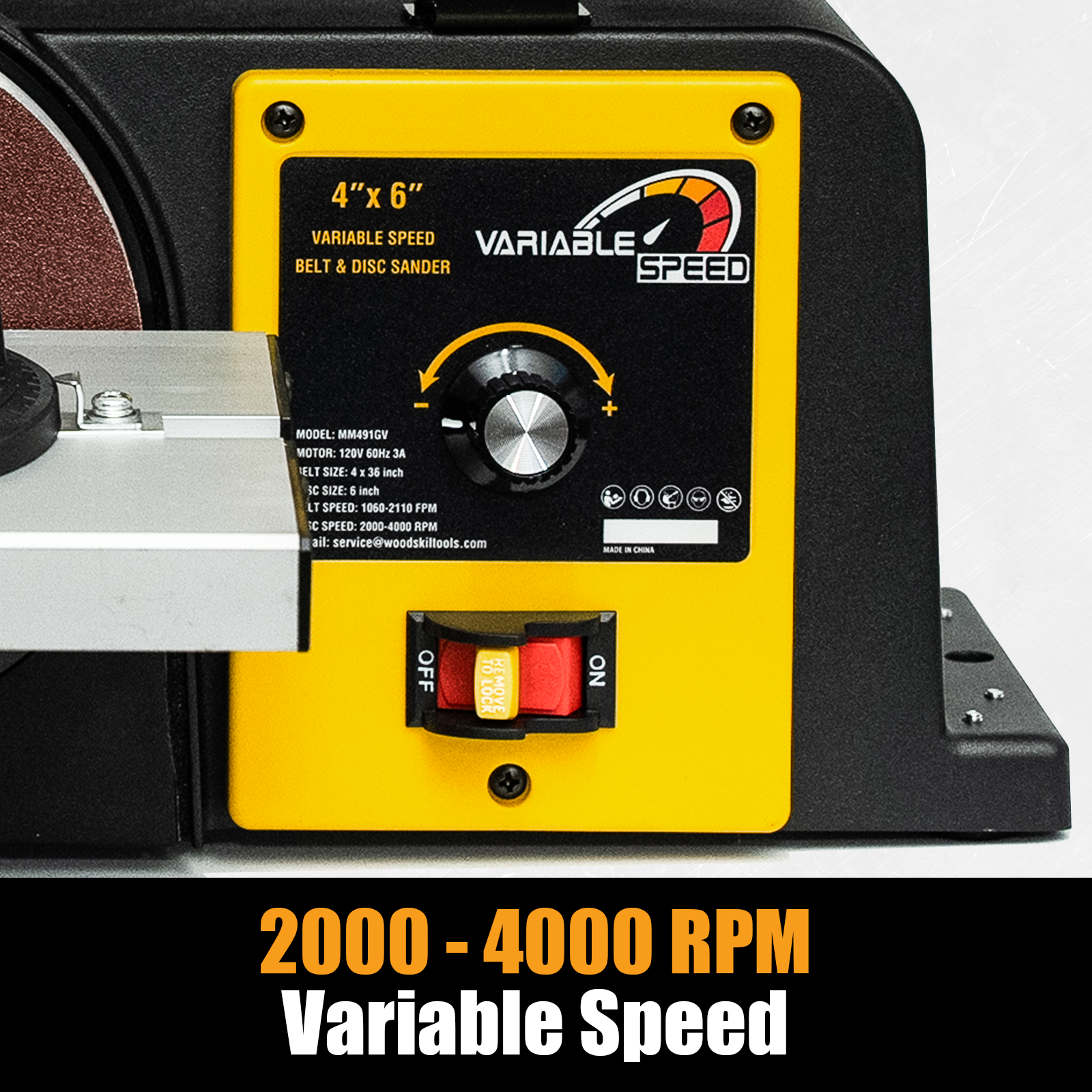 Woodskil Variable Speed, 3-Amp Belt & Disc Sander Combo, 4x36 in. Belt & 6 in. Disc Sander with 3/4HP Motor, Upgraded Model