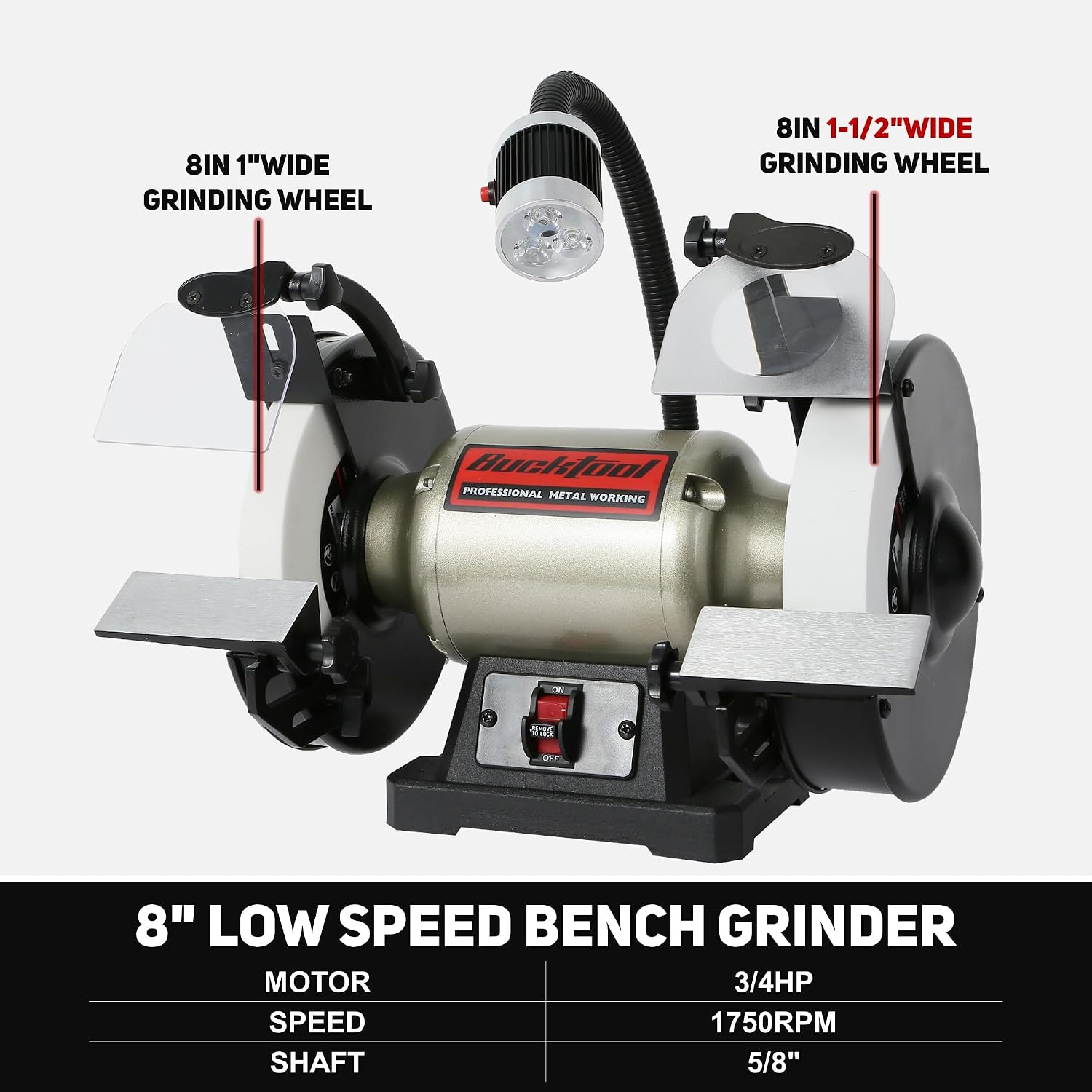 BUCKTOOL 8-Inch, 3/4HP Low-Speed Bench Grinder with LED Light, TDS-200C4HL