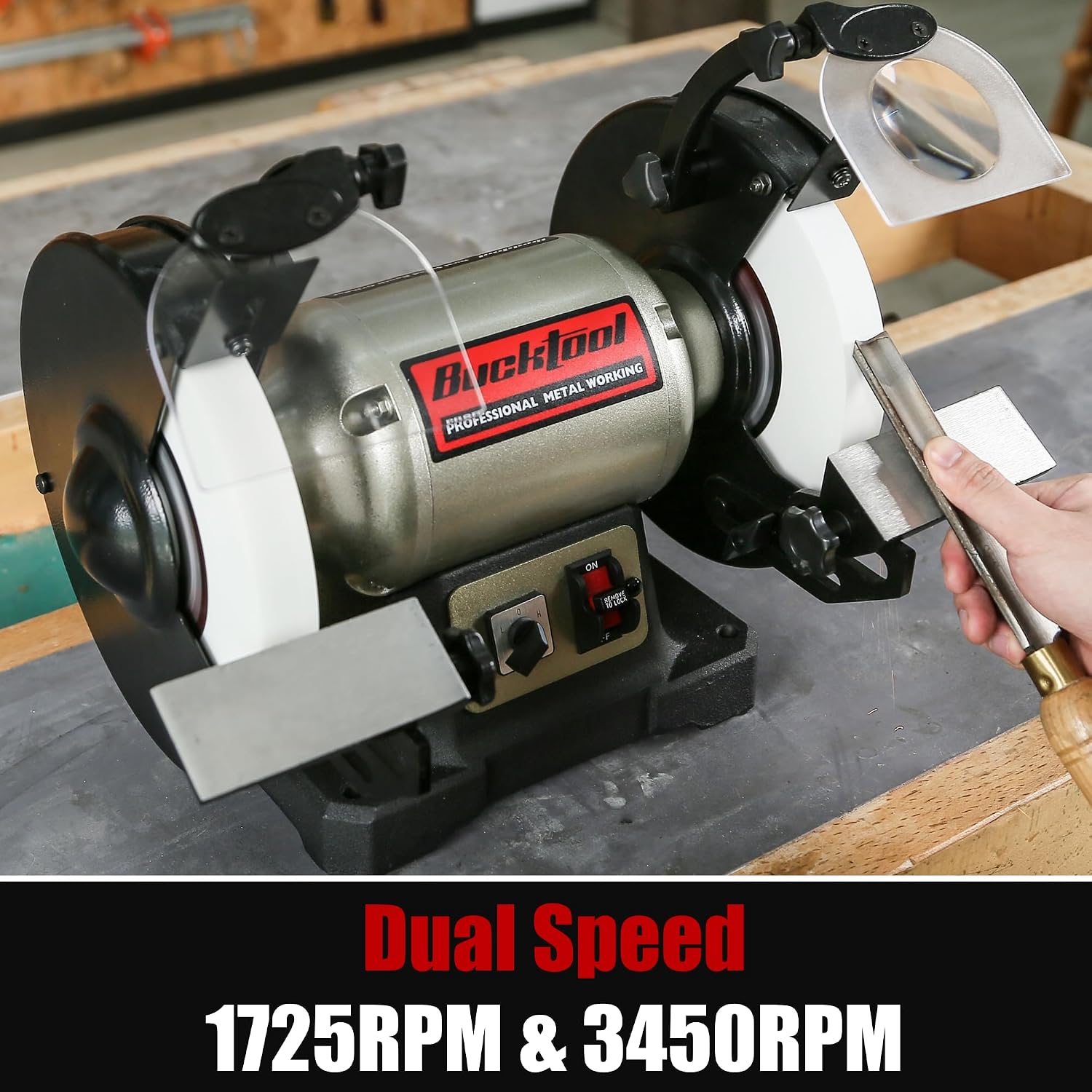 BUCKTOOL Bench Grinder and Buffer, 8-Inch Dual-Speed Professional Grinder with Low/High Speeds and Cast Iron Base, TDS-200DS