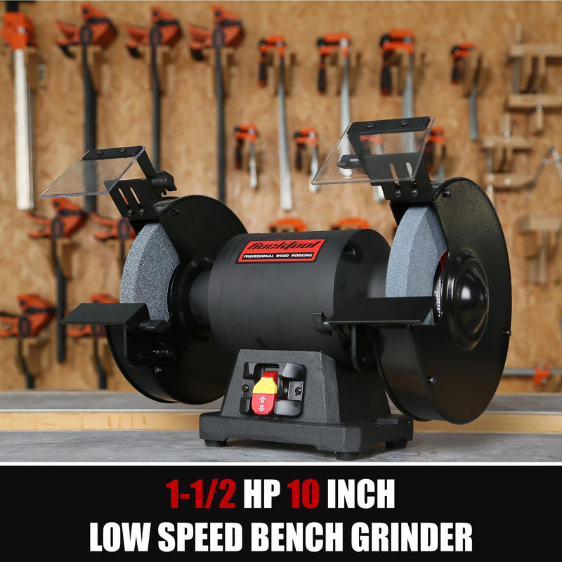 BUCKTOOL 1-1/2HP 10 Inch Low Speed Bench Grinder, 1750 RPM Table Grinder with 13A Motor, High Precision Wobble-free Wheel Grinder, TDS-250