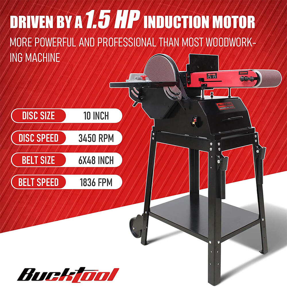 BUCKTOOL BD61000 Bench 6 in. x 48 in. Belt and 10 in. Disc Sander with 1.5 HP Motor and Stand