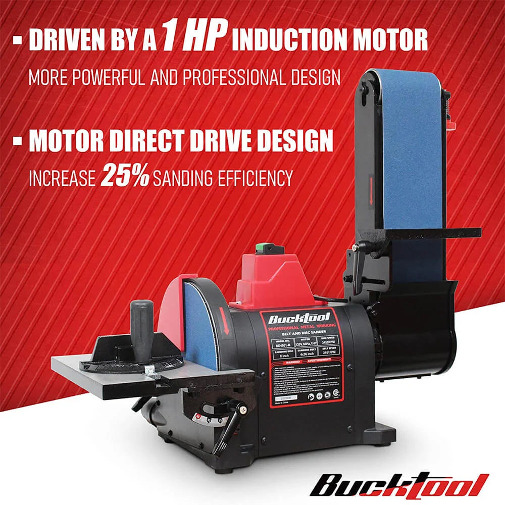 BUCKTOOL Professional Bench Belt Sander 1HP Direct Drive Motor 4x36 inch Belt and 8 inch Disc for Metal Sanding, BD4801-M
