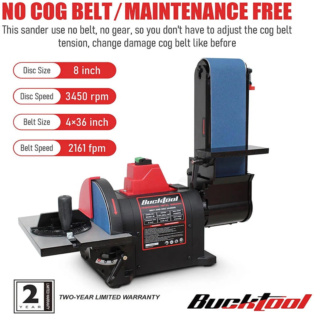 BUCKTOOL Professional Bench Belt Sander 1HP Direct Drive Motor 4x36 inch Belt and 8 inch Disc for Metal Sanding, BD4801-M