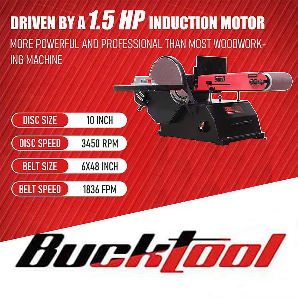 BUCKTOOL 1-1/2 HP Bench Belt Sander for Wood Working 6 in & 48 in Belt and 10 in Disc