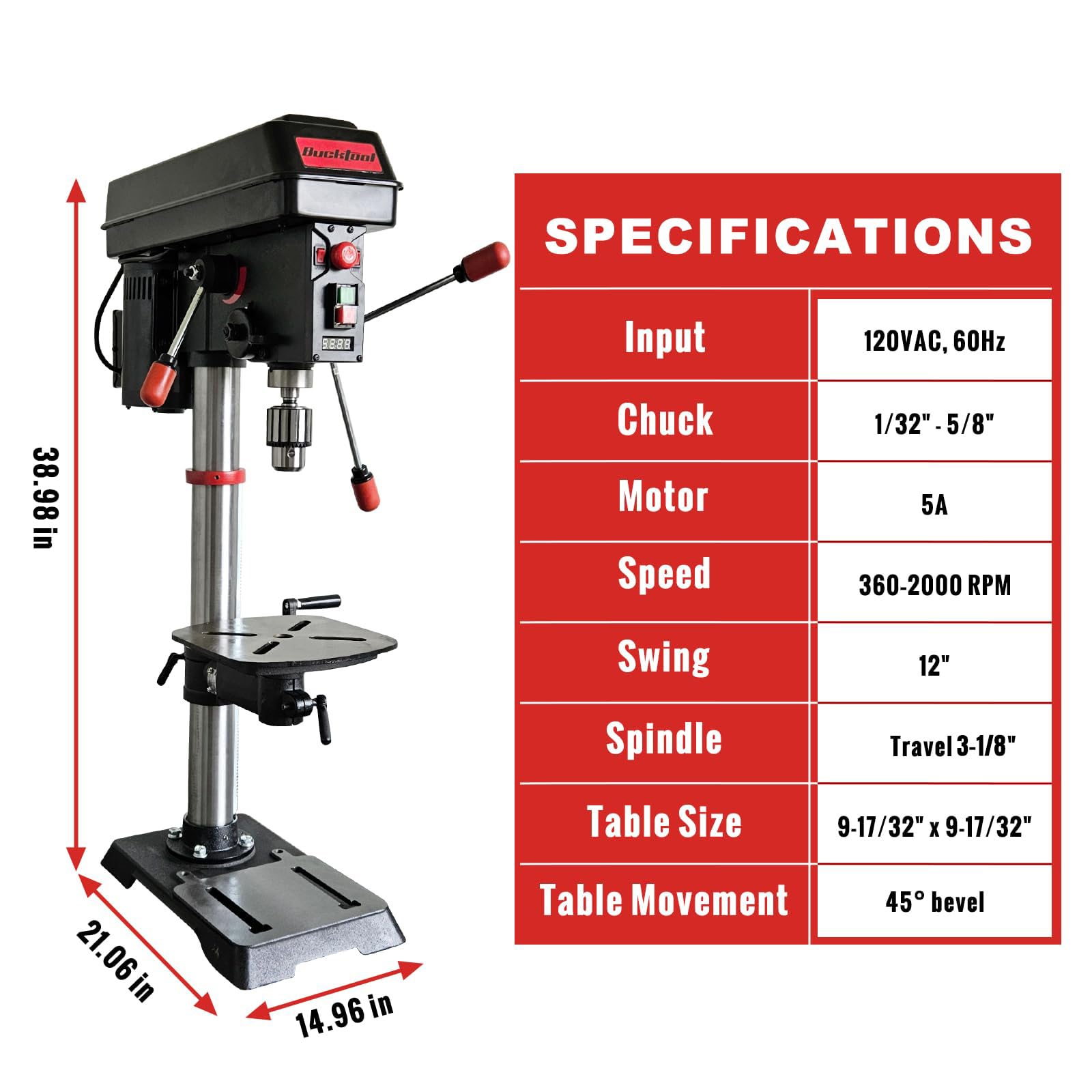 BUCKTOOL 12'' Low Speed Drill Press | 3/4HP 6-Pole Motor (360–2000 RPM
