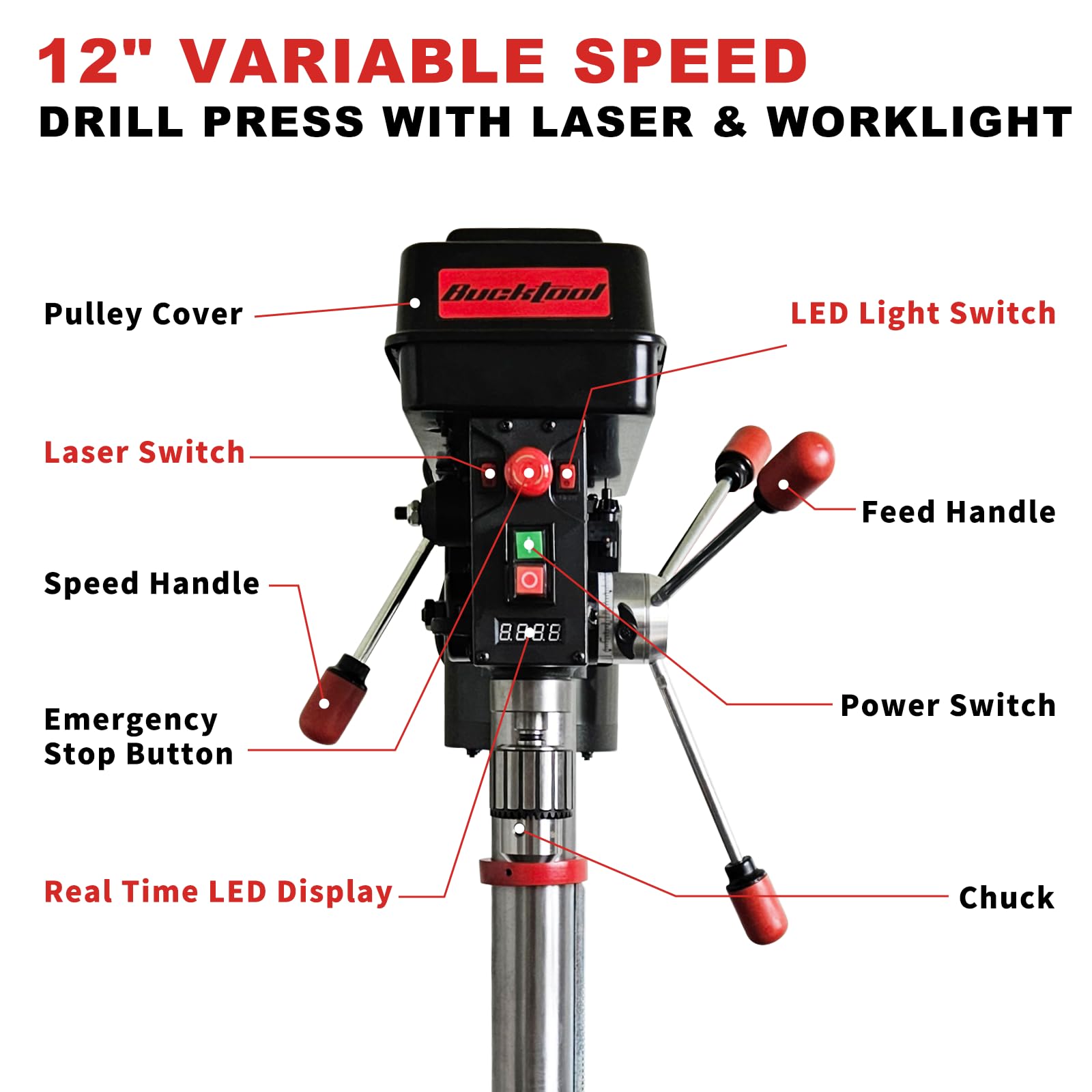 BUCKTOOL 12'' Low Speed Drill Press | 3/4HP 6-Pole Motor (360–2000 RPM