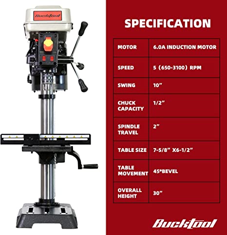 BUCKTOOL 10-Inch Drill Press 6.0 Amp 3/4 HP Bench Drill Press 5-Speed Benchtop Drilling Machine with LED Work Light