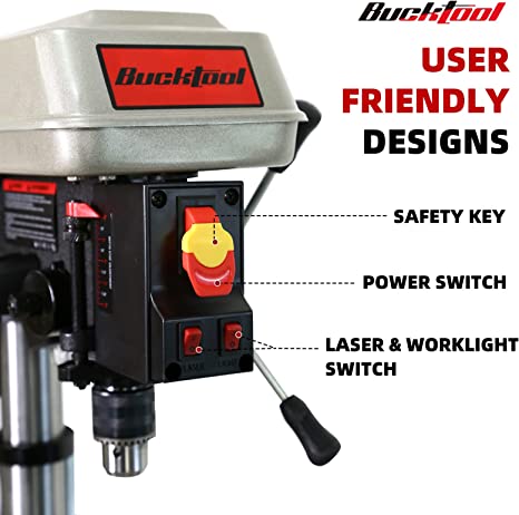 BUCKTOOL 10-Inch Drill Press 6.2 Amp 3/4 HP Bench Drill Press 5-Speed Benchtop Drilling Machine with LED Work Light
