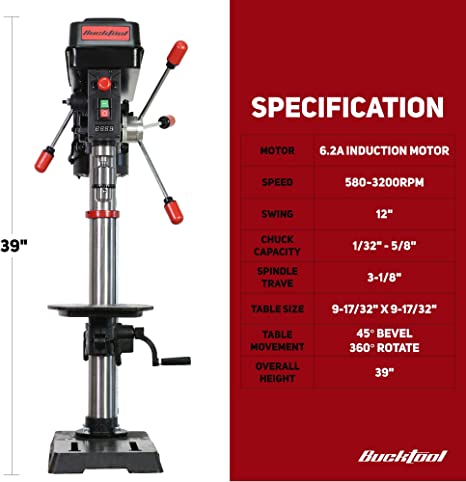 BUCKTOOL DP12VL | 12-INCH 6.2-A Professional Bench Drill Press with IIIA Laser and Work Light